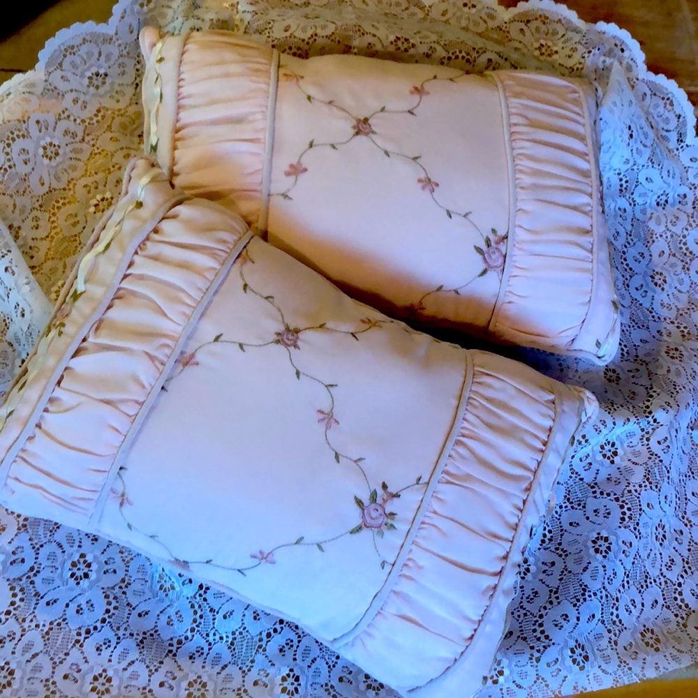 Set of Two Satin Pleated Embroidery Accent Pillows